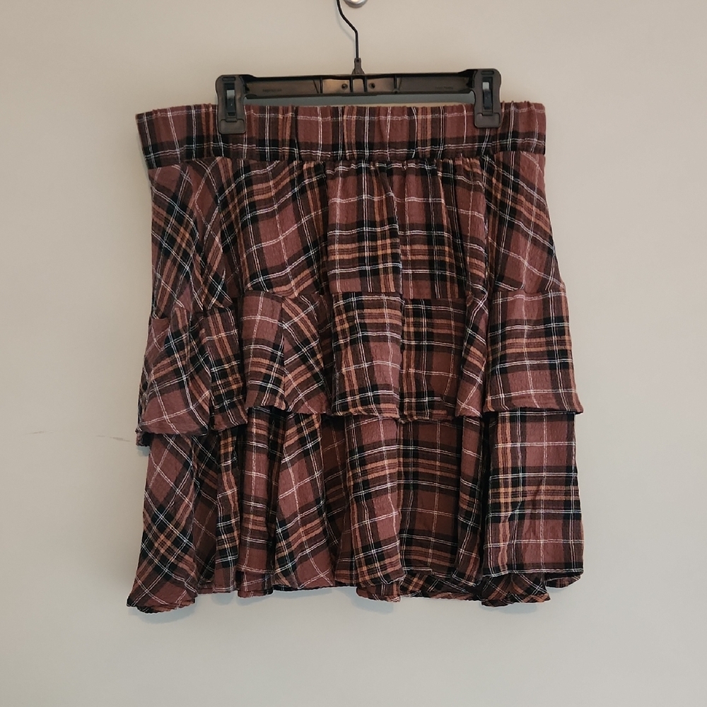 Lightweight Plaid Tiered Mini Skirt - Rust Brown